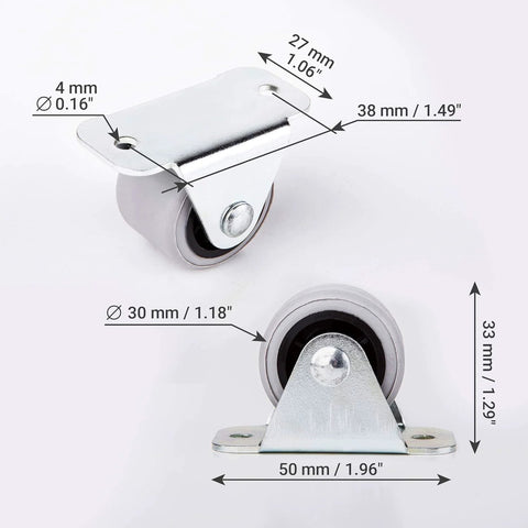 Front view: eight 1.18in rubber wheel casters with metal mounting plate and screws; non-swivel for furniture