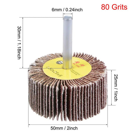 5 Pack 2 Inch Flap Wheels Shank Mounted For Grinders, 80 Grit Sanding Abrasive Flap Disks With 1.18 Inch Arbor, showing detailed dimensions.