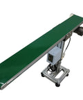 Workhorse PVC Flat Conveyor Belt System with green belt and adjustable speed, side view showing single row leg stand, 47" by 5.9"