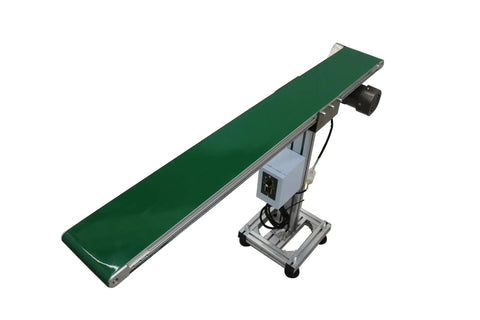 Workhorse PVC Flat Conveyor Belt System with green belt and adjustable speed, side view showing single row leg stand, 47" by 5.9"