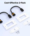 Premium 4K HDMI Wall Plate Two Pack One Port Socket Plug And Play For Home Theater And Gaming With High Speed Video Transmission And 18 Gbps Bandwidth For Rock Solid Audio Pass Through In Classic White display with cables and wall plates.