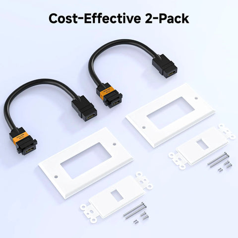 Premium 4K HDMI Wall Plate Two Pack One Port Socket Plug And Play For Home Theater And Gaming With High Speed Video Transmission And 18 Gbps Bandwidth For Rock Solid Audio Pass Through In Classic White display with cables and wall plates.
