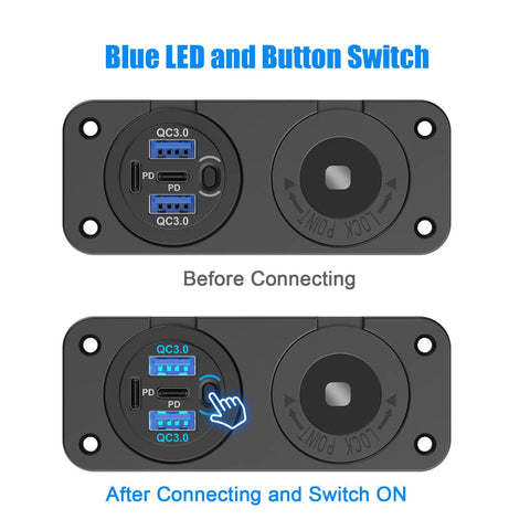 4 Port 12V Usb Car Charger Switch Panel With Pd30w Qc18w Fast Charge Plus Waterproof 150W Cigarette Lighter Socket showing button and LED.