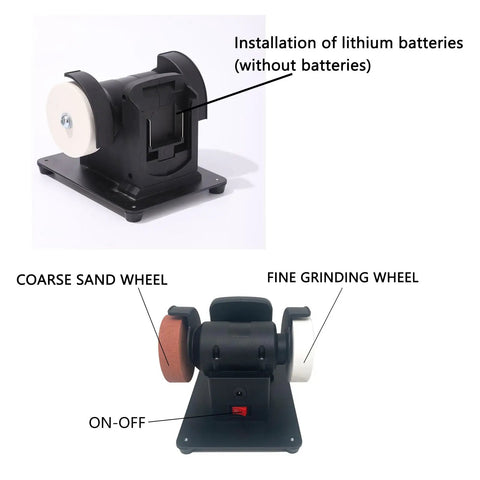 Hot New 18V Lithium Battery Grinding Machine With Double Wheels For Coarse And Fine Tasks, showing battery installation and wheel details.