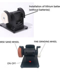 Heavy Duty Bench Grinder With Debris Guard And Anti Slip Base For 18V Lithium Batteries showing installation area and grinding wheels.