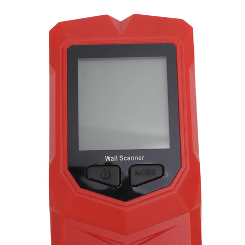 Omabeta Stud Finder Wall Scanner Multifunctional Compact LCD Detector with close-up view of red body and LCD screen.