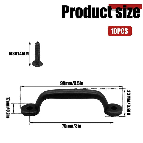 Black Barn Door Handles 10 Pcs Zinc Alloy Retro Gate Pulls for cabinets with dimensions and screws shown