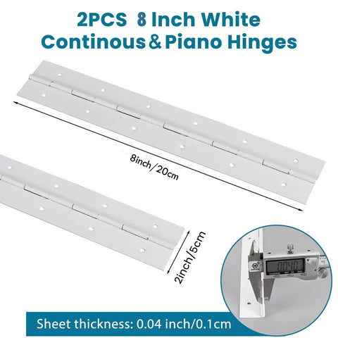 2 Pack 8 Inch 304 Stainless Steel Piano Hinges Heavy Duty Continuous Door Hardware with measurement details for cabinets.