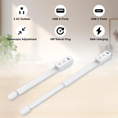 Flexible Outlet Extender Stick With Usb A And C Fast Charge Plus Two Ac Receptacles Stretches 22 To 34 Inches Swivels 180 Degrees showing 2 AC outlets and USB ports.