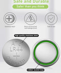 Rock Solid 40 Pack LR44 Alkaline Button Cell Batteries 1.5 Volt AG13 357 SR44 A76 Coin showing stainless steel design and rubber seal.
