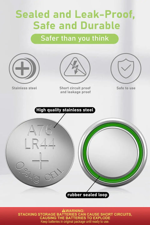 Rock Solid 40 Pack LR44 Alkaline Button Cell Batteries 1.5 Volt AG13 357 SR44 A76 Coin showing stainless steel design and rubber seal.