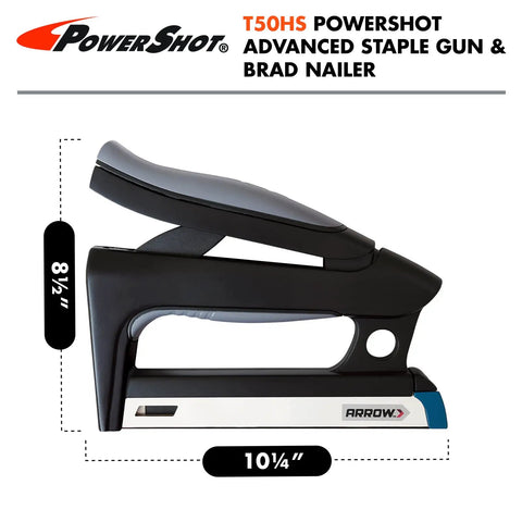 Pro Level Hard Core 2 In 1 Staple And Nailer Combo For Wood Upholstery And Furniture Repairs side view with dimensions 8.5" tall and 10.25" long.
