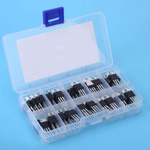 60 Piece Three Pin Transistor Assortment Kit Packing Top Shelf Semiconductor Gears And Beefy Noncontact Switch Blocks For Slick Workshop Mods Inside Neatly Sorted Plastic Crate showing a clear plastic organizer with transistors.