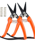 Heavy Duty Goat And Sheep Hoof Trimmer With Serrated And Smooth Blades, set of two stainless steel pruning shears with orange handles.