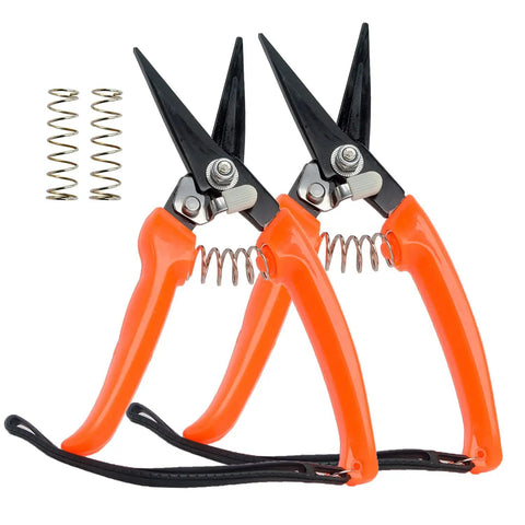 Heavy Duty Goat And Sheep Hoof Trimmer With Serrated And Smooth Blades, set of two stainless steel pruning shears with orange handles.