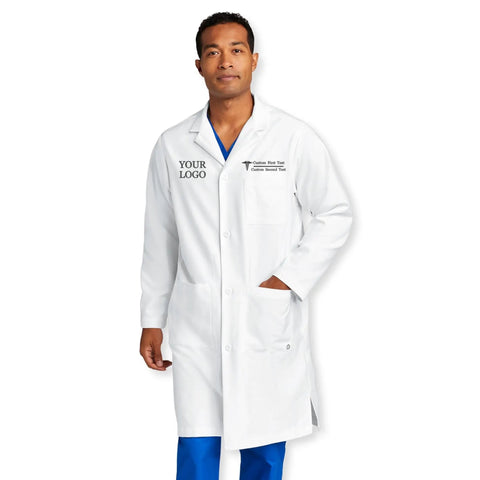 Model wearing Personalized Embroidered Lab Coat For Men And Women With Your Name Custom Text In Colorful Fonts White Lab Coat Gift For Doctors