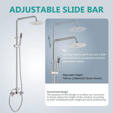 Outdoor Shower Kit With 8 Inch Rainfall Head, Handheld Sprayer, Exposed Shower Pipe, Two Handle Faucet, Adjustable Height shown