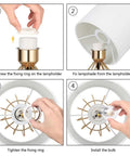 Step-by-step assembly guide for Gold Modern Farmhouse Table Lamps Set Of 2 With Hollowed Out Base And White Fabric Shade, Lit Nightstand Lighting