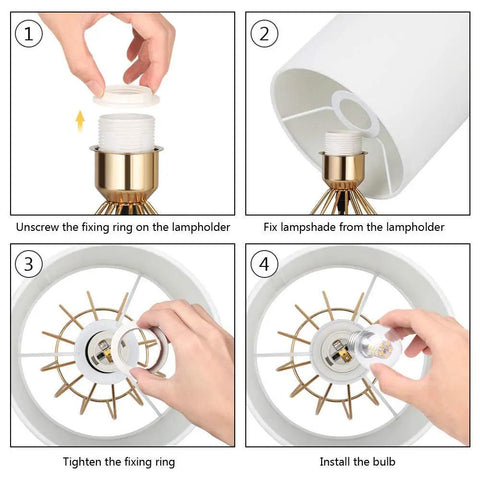 Step-by-step assembly guide for Gold Modern Farmhouse Table Lamps Set Of 2 With Hollowed Out Base And White Fabric Shade, Lit Nightstand Lighting