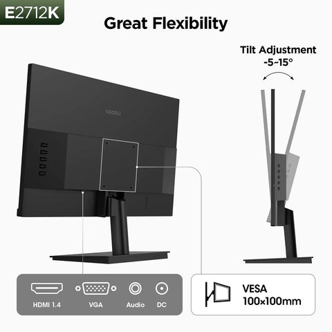 Rear view of 27 Inch Dope Gaming Monitor With 144Hz VA Panel, showcasing tilt adjustment and VESA mount compatibility.