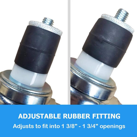 Adjustable black rubber caster fitting with metal threaded top and white spacer for 1 3/8–1 3/4 in openings