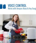 Woman in kitchen using Smart A19 LED Bulb 60W Equivalent Tunable White And Color Changing 2.4 GHz WiFi Bluetooth voice control