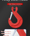Close-up of red alloy steel hook with safety clip for Beefy 2 Ton Grade 80 Alloy Steel Chain Sling 5 Ft Long 2 Leg with Sling Hooks