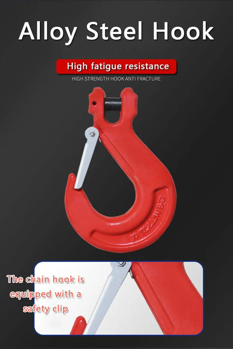 Close-up of red alloy steel hook with safety clip for Beefy 2 Ton Grade 80 Alloy Steel Chain Sling 5 Ft Long 2 Leg with Sling Hooks