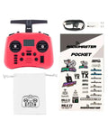 Pocket Crush 2.4GHz ELRS Hall Gimbal Transmitter Remote Control in cherry red with accessories, ultra portable foldable radio.