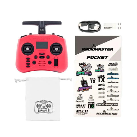 Pocket Crush 2.4GHz ELRS Hall Gimbal Transmitter Remote Control in cherry red with accessories, ultra portable foldable radio.