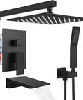 Matte Black Shower System With Tub Spout Waterfall Tub Faucet Set 10 Inch Rain Showerhead Wall Mounted Heavy Duty