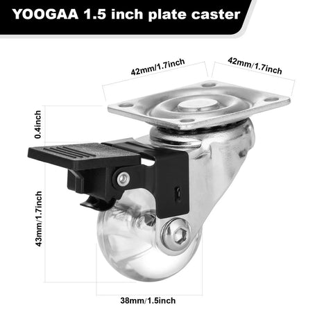 1.5 Inch Clear Swivel Caster Wheels Transparent Polyurethane Crystal Casters With Slick Look For Furniture And Cabinets, showing dimensions.