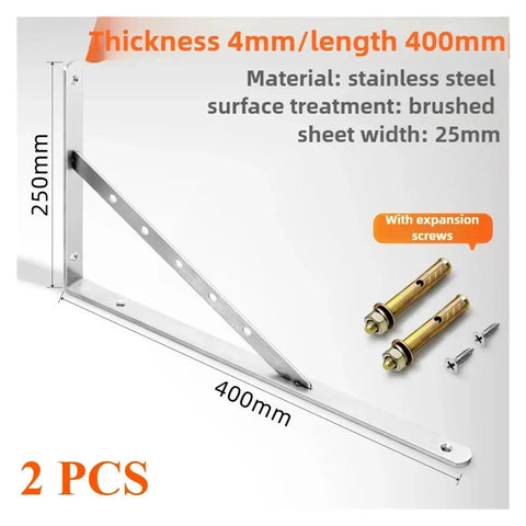 Heavy Duty Stainless Steel Corner Shelf Brackets Wall Mounted L Shape Triangle Supports Built Rock Solid Rust Resistant Hardware For Kitchen Storage Home Decor Bulletproof 2 Piece Pack, 400mm length, 250mm height.