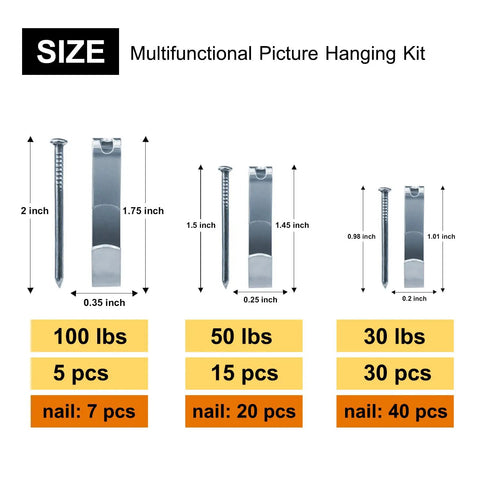 Image showing sizes and weight ratings of components in the 117 Piece Picture Hanging Kit Featuring Heavy Duty Rock Steady Hooks rated 30 50 100 pounds.