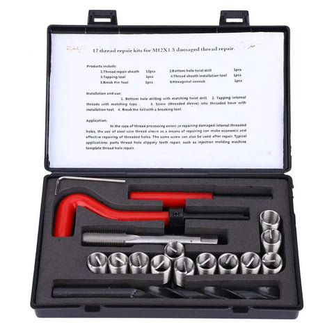 M12x1.5 Thread Insert Kit 17 Piece Stainless Steel Thread Repair Set With Spiral Drill Tap Wrench And Break Pin Tool, open case