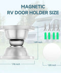 Magnetic RV Door Holder Latch Set For RV, Camper, Trailer And Boat Compartments, with screws and adhesive, size shown.