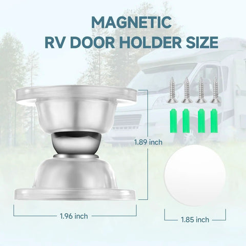 Magnetic RV Door Holder Latch Set For RV, Camper, Trailer And Boat Compartments, with screws and adhesive, size shown.