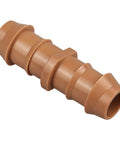 Close up of a 20 Piece One Half Inch Drip Irrigation Barbed Coupling Connector for 0.56 to 0.60 Inch Tubing in brown plastic.