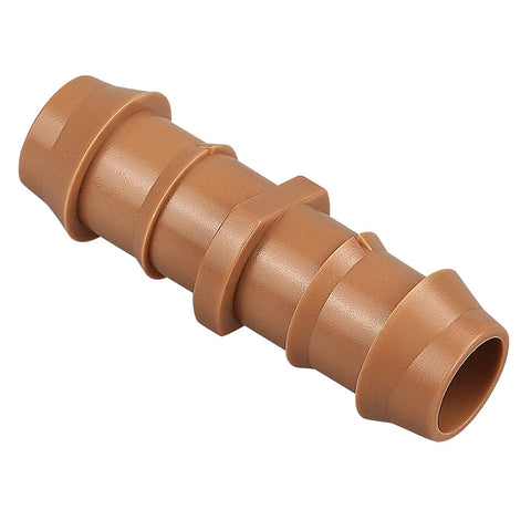 Close up of a 20 Piece One Half Inch Drip Irrigation Barbed Coupling Connector for 0.56 to 0.60 Inch Tubing in brown plastic.