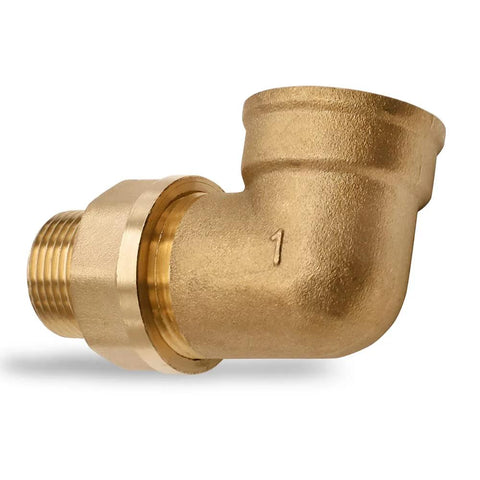 Brass 90-degree pipe elbow, 3/4 in male NPT to 1 in female NPT, side view