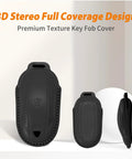 3D Stereo Full Coverage Design Premium Genuine Leather Key Fob Cover For Tesla Model X, showcasing three angles and textures.