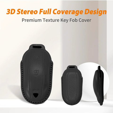 3D Stereo Full Coverage Design Premium Genuine Leather Key Fob Cover For Tesla Model X, showcasing three angles and textures.