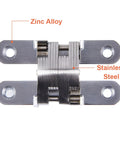 Close-up view of a Hidden Door Hinge 6 Pack Stainless Steel Cross Hinges 180 Degree Invisible Gate Hinge for Folding Tables, Cabinets, and Screens Built Tough with Zinc Alloy Bearing Hardware.