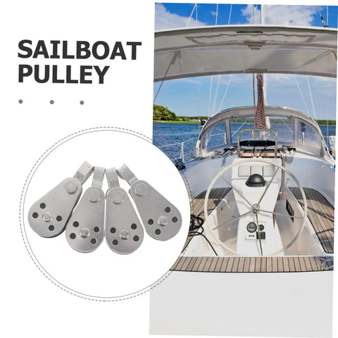 4pc Stainless Steel Pulley Blocks For Kayak And Boat Anchor, Heavy Duty Marine Grade Bearing Roller Wheel Rope Pulley System Accessories For Easy Sailing, Towing, Rigging, And Canvas Adjustments displayed with a view of a sailboat cockpit.