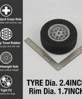 Top Tier Replacement Tires And Rims For Building Blocks 62 mm By 20 mm Rubber Wheels showing 2.4 inch tire and 1.7 inch rim, ideal for construction models.