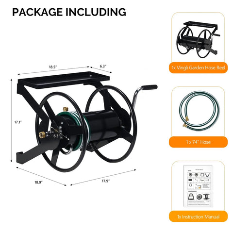 Package contents including Garden Hose Reel Wall Mounted With 175 Ft Capacity For Three Quarter Inch Hose and manual.