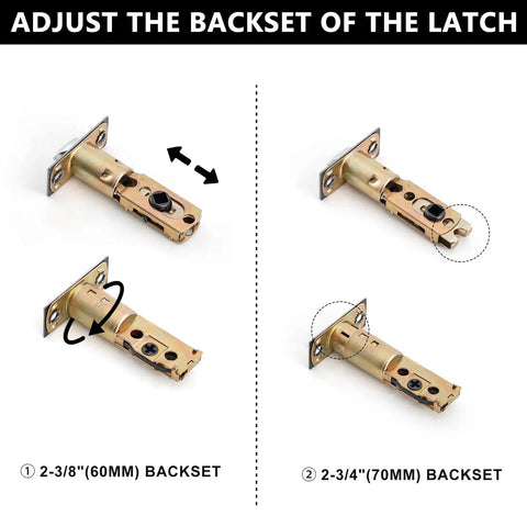 Adjustable latch backset for double door lock set, shown in two positions, compatible with 2-3/8 and 2-3/4 inch installations.