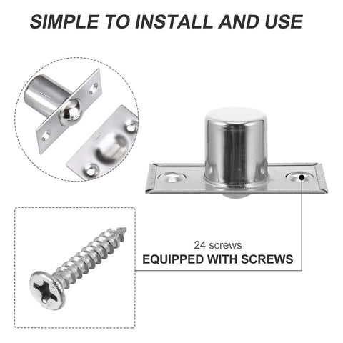 4 Pack Heavy Duty Stainless Steel Door Ball Catch Strikes With Secure Closure Silver Finish For Cabinet Closet And Van Camper Doors Rust Proof And Durable Latch Hardware For Home Improvement Projects with screws for installation.