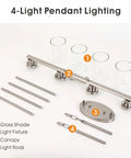 Four Light Chrome Kitchen Island Pendant Light Fixture assembly with clear glass shades, rods, and chrome base.