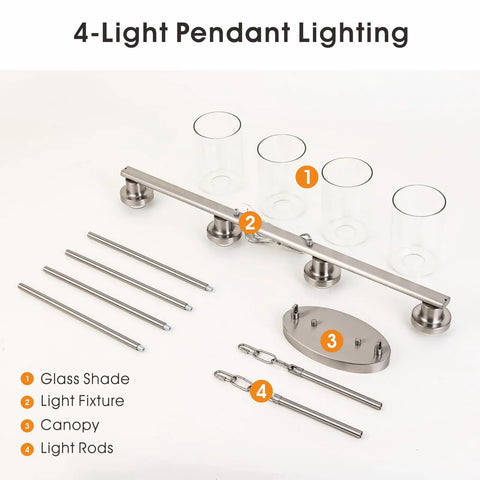 Four Light Chrome Kitchen Island Pendant Light Fixture assembly with clear glass shades, rods, and chrome base.